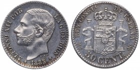 1885*86. Alfonso XII (1874-1885). Madrid. 50 céntimos. MSM. Ag. Bella. Brillo original. SC- / EBC+. Est.90.