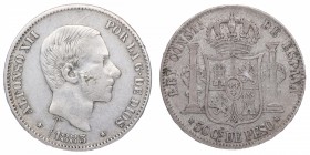 1883. Alfonso XII (1874-1885). Manila. 50 centimos. Ag. MBC+. Est.30.