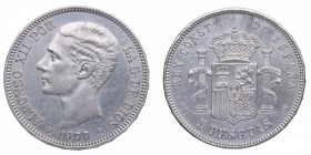 1877*77. Alfonso XII (1874-1885). Madrid. 5 pesetas. DEM. Ag. Atractiva. Insignificantes marquitas. EBC. Est.140.