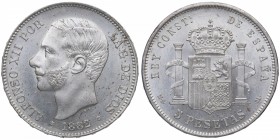 1882*82. Alfonso XII (1874-1885). Madrid. 5 pesetas. MSM. Ag. Muy bella. Brillo original. Rara así. SC. Est.500.
