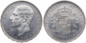 1885*87. Alfonso XII (1874-1885). Madrid. 5 pesetas. MSM. Ag. Bella. Brillo original. Rara así. EBC+. Est.350.