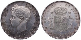 1897*97. Alfonso XIII (1886-1931). Madrid. 5 pesetas. SGV. Ag. Bella. Brillo original. Escasa así. SC-. Est.140.