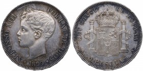 1899*99. Alfonso XIII (1886-1931). Madrid. 5 pesetas. SGV. Ag. Bella. Brillo original. Rara así. SC-. Est.150.