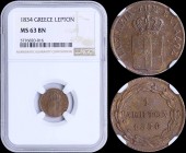 GREECE: 1 Lepton (1834) (type I) in copper with Royal Coat of Arms and inscription "ΒΑΣΙΛΕΙΑ ΤΗΣ ΕΛΛΑΔΟΣ". Inside slab by NGC "MS 63 BN". (Hellas 23)....