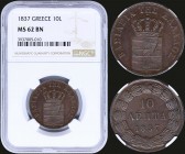 GREECE: 10 Lepta (1837) (type I) in copper with Royal Coat of Arms and inscription "ΒΑΣΙΛΕΙΑ ΤΗΣ ΕΛΛΑΔΟΣ". Inside slab by NGC "MS 62 BN". (Hellas 74)....