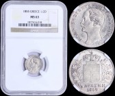 GREECE: 1/2 Drachma (1855) (type II) in silver with head of King Otto facing left and inscription "ΟΘΩΝ ΒΑΣΙΛΕΥΣ ΤΗΣ ΕΛΛΑΔΟΣ". Inside slab by NGC "MS ...