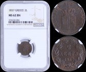 GREECE: 2 Lepta (1857) (type IV) in copper with Royal Coat of Arms and inscription "ΒΑΣΙΛΕΙΟΝ ΤΗΣ ΕΛΛΑΔΟΣ". Inside slab by NGC "MS 62 BN". (Hellas 54)...