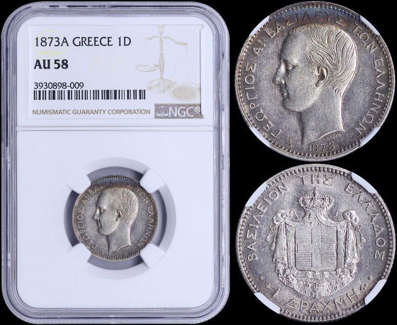 GREECE: 1 Drachma (1873 A) (type I) in silver with head of King George I facing ...