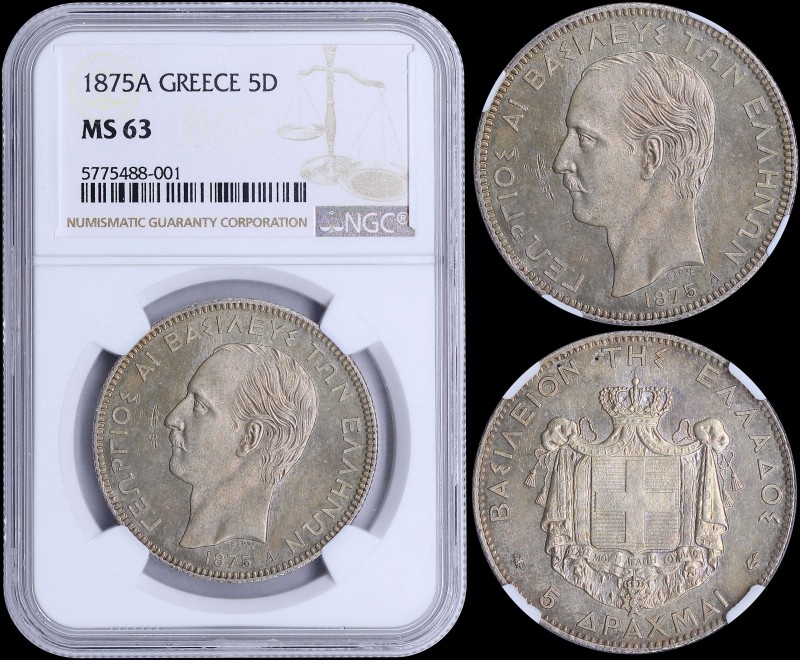 GREECE: 5 Drachmas (1875 A) (type I) in silver with mature head of King George I...