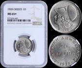 GREECE: 1 Drachma (1926) in copper-nickel with head of Goddess Athena facing left. Inside slab by NGC "MS 65+". (Hellas 173).