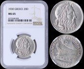 GREECE: 20 Drachmas (1930) in silver (0,500) with head of God Poseidon facing right. Inside slab by NGC "MS 65". Top grade in both companies. (Hellas ...