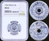 GREECE: 20 Lepta (1954) in aluminium with Royal Crown and inscription "ΒΑΣΙΛΕΙΟΝ ΤΗΣ ΕΛΛΑΔΟΣ". Inside slab by NGC "MS 64". (Hellas 186)....