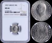 GREECE: 50 Lepta (1957) in copper-nickel with head of King Paul facing left and inscription "ΠΑΥΛΟΣ ΒΑΣΙΛΕΥΣ ΤΩΝ ΕΛΛΗΝΩΝ". Inside slab by NGC "MS 66"....
