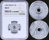GREECE: 10 Lepta (1964) in aluminium with Royal Crown and inscription "ΒΑΣΙΛΕΙΟΝ ΤΗΣ ΕΛΛΑΔΟΣ". Inside slab by NGC "MS 67". (Hellas 206)....