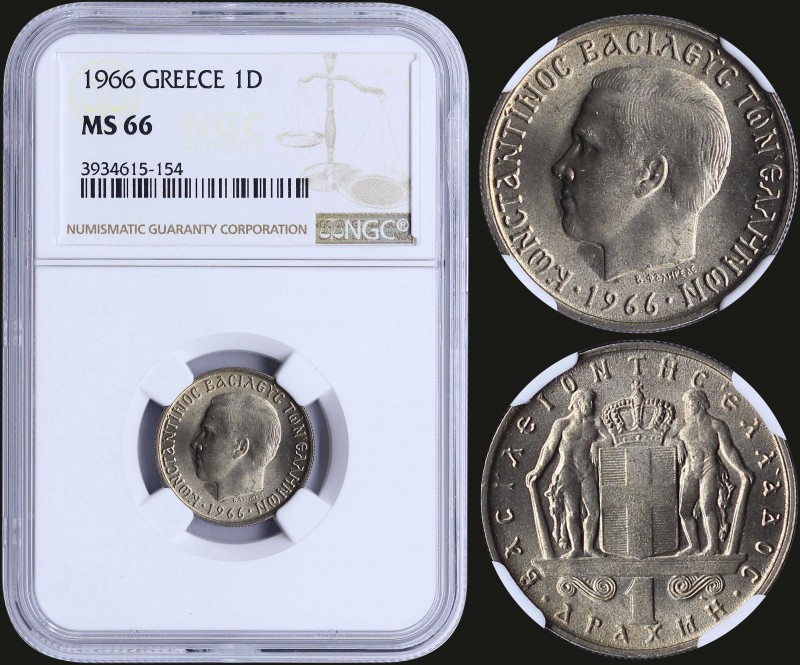 GREECE: 1 Drachma (1966) (type I) in copper-nickel with head of King Constantine...