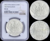 GREECE: 100 Drachmas (1970) (type I) in silver (0,900) commemorating the April 21st 1967 with phoenix and soldier. Inside slab by NGC "MS 66". (Hellas...