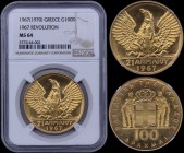 GREECE: 100 Drachmas (1970) (type II) in gold (0,900) commemorating the April 21st 1967 with phoenix and soldier. Inside slab by NGC "MS 64". (Hellas ...