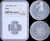 GREECE: 20 Lepta (1978) in aluminum with horses head. National Arms and inscription "ΕΛΛΗΝΙΚΗ ΔΗΜΟΚΡΑΤΙΑ" on reverse. Inside slab by NGC "PF 66". (Hel...