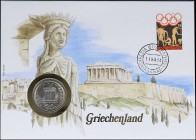 GREECE: 20 Drachmas (1986) (type Ia) in copper-nickel with head of Pericles facing left inside special illustrated philatelic cover with stamp (11.VII...