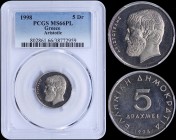 GREECE: 5 Drachmas (1998) (type Ia) in copper-nickel with value and inscription "ΕΛΛΗΝΙΚΗ ΔΗΜΟΚΡΑΤΙΑ". Head of Aristotle facing left on reverse. Insid...