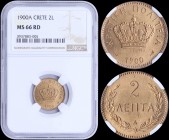 GREECE: 2 Lepta (1900 A) in bronze with Royal Crown and inscription "ΚΡΗΤΙΚΗ ΠΟΛΙΤΕΙΑ". Inside slab by NGC "MS 66 RD". (Hellas C.3).