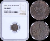 GREECE: 1 Lepton (1901 A) in bronze with Royal Crown and inscription "ΚΡΗΤΙΚΗ ΠΟΛΙΤΕΙΑ". Inside slab by NGC "MS 64 BN". (Hellas C.2).
