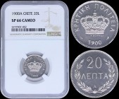 GREECE: 20 Lepta (1900 A) in copper-nickel with Royal Crown and inscription "ΚΡΗΤΙΚΗ ΠΟΛΙΤΕΙΑ". Inside slab by NGC "SP 66 CAMEO". Unique graded as SP ...