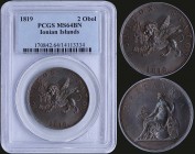 GREECE: 2 Obols (1819) in copper with Venetian lion of St Marcus and inscription "ΙΟΝΙΚΟΝ ΚΡΑΤΟΣ". Inside slab by PCGS "MS 64 BN". (Hellas I.18)....