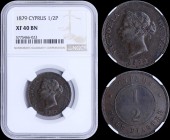 CYPRUS: 1/2 Piastre (1879) in bronze with head of Victoria facing left. Denomination within circle on reverse. Inside slab by NGC "XF 40 BN". (KM 2) &...