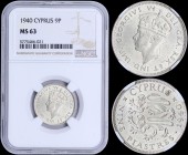 CYPRUS: 9 Piastres (1940) in silver with head of King George VI facing left. Two stylized rampant lions and date on reverse. Small damage at upper sid...