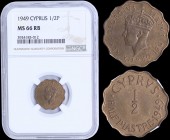 CYPRUS: 1/2 Piastre (1949) in bronze with crowned head of King George V facing left. Denomination and date on reverse. Inside slab by NGC "MS 66 RB". ...