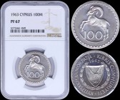 CYPRUS: 100 Mils (1963) in copper-nickel with shielded Arms within wreath and date above. Cyprus Mouflon facing left on reverse. Inside slab by NGC "P...