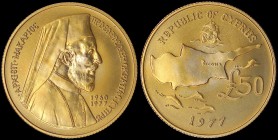 CYPRUS: Set of 2x 50 Pounds (1977) (1 Uncirculated & 1 Proof) in gold (0,917) with bust of Archbishop Makarios facing right on obverse. Ship above map...