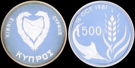 CYPRUS: 500 Mils (ND 1981) in silver (0,925) commemorating the World Food Day with shielded arms within wreath on obverse. Denomination divides swordf...