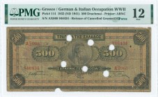 GREECE: 1000 Drachmas (15.10.1926) of 1941 Emergency re-issue cancelled banknote with two blue box-cachets "ΤΡΑΠΕΖΑ ΤΗΣ ΕΛΛΑΔΟΣ - ΕΝ ΕΛΑΣΣΩΝ" (Extreme...