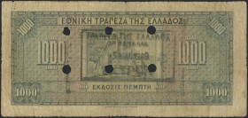 GREECE: 1000 Drachmas (15.10.1926) of 1941 Emergency re-issue cancelled banknote with black box-cachet "ΤΡΑΠΕΖΑ ΤΗΣ ΕΛΛΑΔΟΣ - ΕΝ ΚΑΒΑΛΛΑ 5 ΜΑΙ. 1939" ...