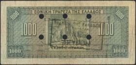 GREECE: 1000 Drachmas (4.11.1926) of 1941 Emergency re-issue cancelled banknote with black box-cachet "ΤΡΑΠΕΖΑ ΤΗΣ ΕΛΛΑΔΟΣ - ΕΝ ΚΑΒΑΛΛΑ" (Very common)...