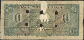 GREECE: 1000 Drachmas (4.11.1926) 1941 Emergency re-issue cancelled banknote with two black box-cachets "ΤΡΑΠΕΖΑ ΤΗΣ ΕΛΛΑΔΟΣ - ΕΝ ΝΑΥΠΑΚΤΩ" (Rare) on ...