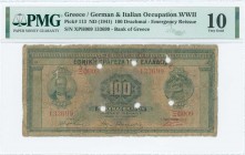 GREECE: 100 Drachmas (14.6.1927) of 1941 Emergency re-issue cancelled banknote with violet box-cachet "ΤΡΑΠΕΖΑ ΤΗΣ ΕΛΛΑΔΟΣ - ΕΝ ΠΟΛΥΓΥΡΩ" (Rare) on ba...
