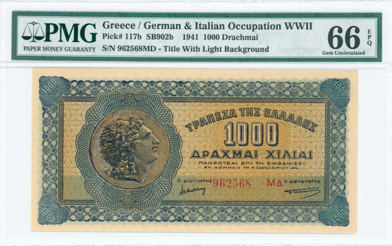 GREECE: 1000 Drachmas (1.10.1941) in blue and brown with coin of Alexander the G...
