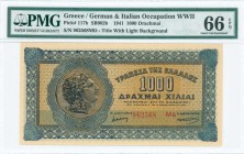 GREECE: 1000 Drachmas (1.10.1941) in blue and brown with coin of Alexander the Great at left. Suffix S/N: "962568 ΜΔ". Title of back on white backgrou...