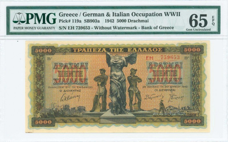 GREECE: 5000 Drachmas (20.6.1942) in black on orange, blue and green unpt with s...