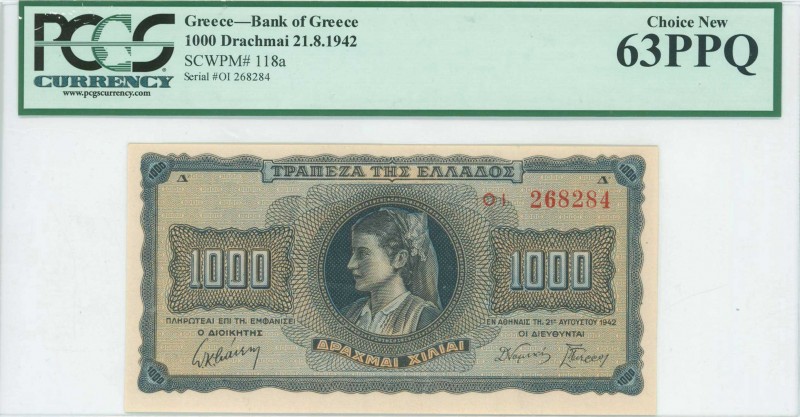 GREECE: 1000 Drachmas (21.8.1942) in black on blue and orange unpt with girl in ...