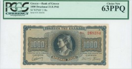 GREECE: 1000 Drachmas (21.8.1942) in black on blue and orange unpt with girl in traditional costume from Thasos at center. Prefix S/N: "OI 268284" of ...