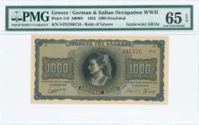 GREECE: 1000 Drachmas (21.8.1942) in black on blue and orange unpt with girl in traditional costume from Thasos at center. Suffix S/N: "547876 PX" of ...