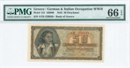 GREECE: 50 Drachmas (1.2.1943) in brown on blue and orange unpt with girl in traditional costume at left. S/N: "ΑΘ 426020". Printed in Athens. Inside ...