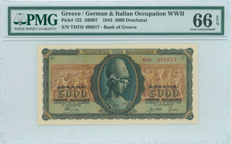 GREECE: 5000 Drachmas (19.7.1943) in green and brown with Goddess Athena at cent...