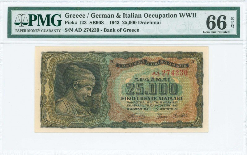 GREECE: 25000 Drachmas (12.8.1943) in black on brown, light blue and green under...