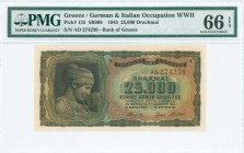 GREECE: 25000 Drachmas (12.8.1943) in black on brown, light blue and green underprint with Nymph Deidamia at left. Prefix S/N: "ΑΔ 274230" of height 4...