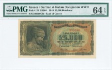 GREECE: 25000 Drachmas (12.8.1943) in black on brown with, light blue and green underprint with Nymph Deidamia at left. Suffix S/N: "309590 ΓΡ" of hei...